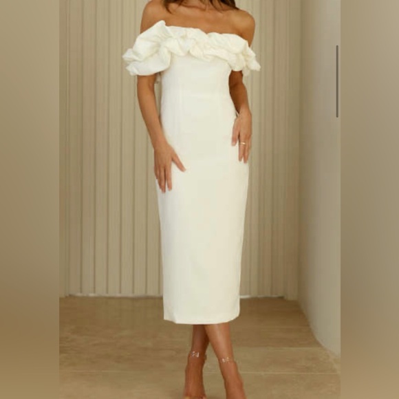 WHITE OFF SHOULDER FRILL MIDI DRESS - Picture 1 of 3